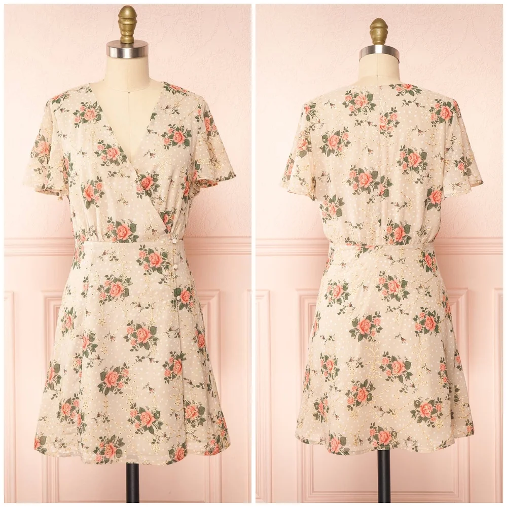 Sugarlips Cream Floral Mini Dress with Pink Roses - Picture 6 of 10